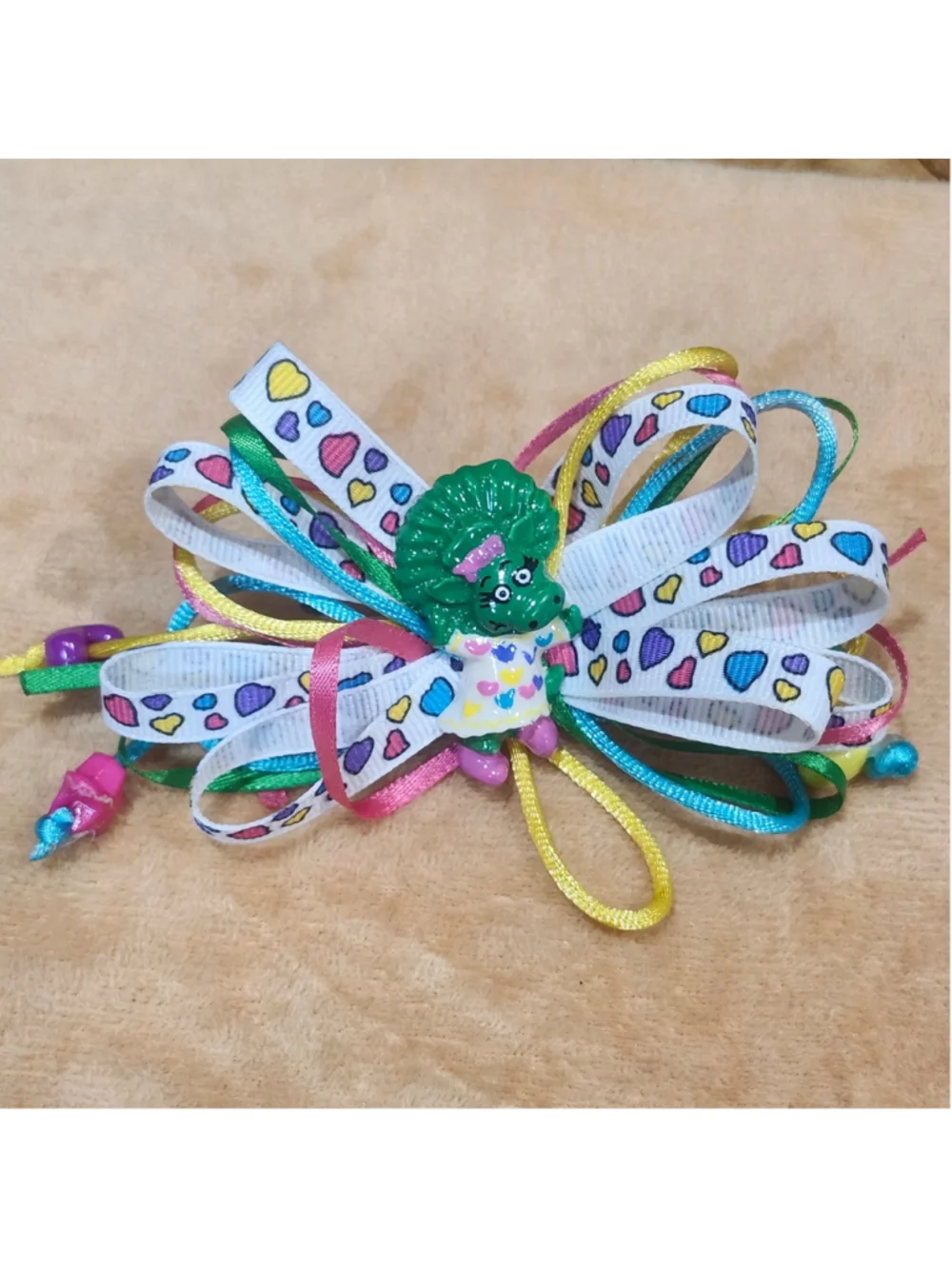 Vintage Barney & Friends Baby Bop Hair Ribbon Bow 1990s Handmade Metal Clip